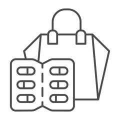 Fototapeta premium Shopping bag with capsules pack thin line icon, pharmacy concept. Vector graphics. Paper bag and slab of capsules, medicine sign on white background, outline style icon for mobile or web design.