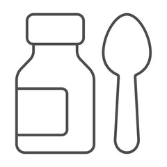 Plastic bottle and spoon thin line icon, pharmacy concept. Vector graphics. Spoon with cold medicine jar sign on white background, outline style icon for mobile or web design.