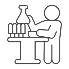 Scientist man with glass beaker on table thin line icon, pharmacy concept. Vector graphics. Laboratory worker with flasks sign on white background, outline style icon for mobile or web design.