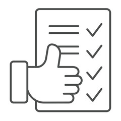 Checklist paper and thumb up hand thin line icon, design recruitment concept. Vector graphics. Summary of quiz test, success sign on white background, outline style icon for mobile or web design.