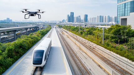aerial view of a smart city powered by artificial intelligence showcasing advanced transportation networks like maglev trains and drones balanced composition with ample for text poster background
