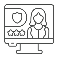 Monitor screen with wanted woman thin line icon, design recruitment concept. Vector graphics. Display with portfolio profile sign on white background, outline style icon for mobile or web design.