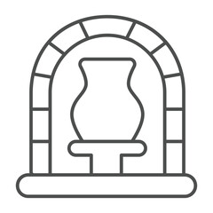 Clay jug in blast furnace thin line icon, pottery making concept. Vector graphics. Firing clay product in stove sign on white background, outline style icon for mobile or web design.