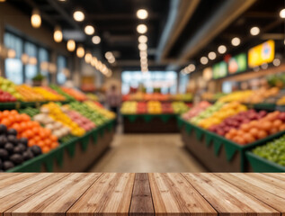 Empty wooden table in front with blurred fresh vegetable zone in the supermarket is background