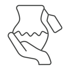 Hand with clay jug and price tag thin line icon, pottery making concept. Vector graphics. Jug in customer hand, shopping sign on white background, outline style icon for mobile or web design.