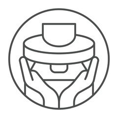 Hands with plate on workbench thin line icon, pottery making concept. Vector graphics. Hands with clay plate, manual molding sign on white background, outline style icon for mobile or web design.