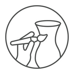 Clay jug and hand with brush thin line icon, pottery making concept. Vector graphics. Artistic painting for clay product sign on white background, outline style icon for mobile or web design.