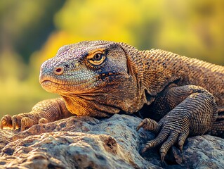 Fototapeta premium Komodo Dragon Resting on Rock with Blurred Natural Background Portrait
