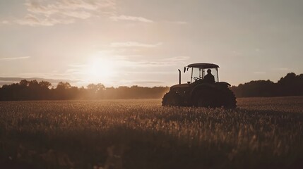 Fototapeta premium A tractor navigates a field of short grass during a peaceful sunset with contemporary cinematic lighting creating a tranquil idyllic scene