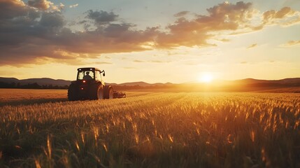 Fototapeta premium A tractor slowly making its way through a tranquil field of short grass bathed in the warm glow of a cinematic sunset landscape