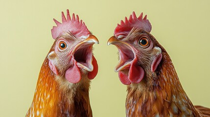 Naklejka premium Two red-rooster hens with open beaks on yellow background