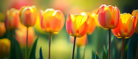 Fototapeta premium A striking close up image of lush vibrant yellow and orange tulips set against a soft blurred contemporary cinematic background creating a serene and botanical composition