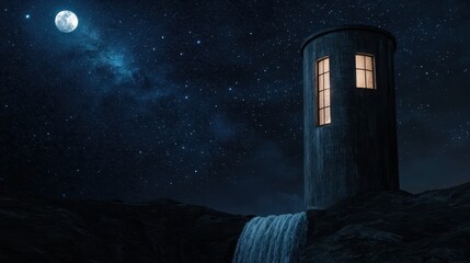 A surreal alien tower built beside a vertical moonlit waterfall, stars drifting behind glowing windows