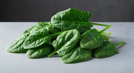 Fototapeta premium Fresh spinach leaves arranged on a gray surface ready for cooking or salad preparation