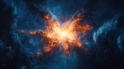 Fiery cosmic explosion amongst nebula clouds in space