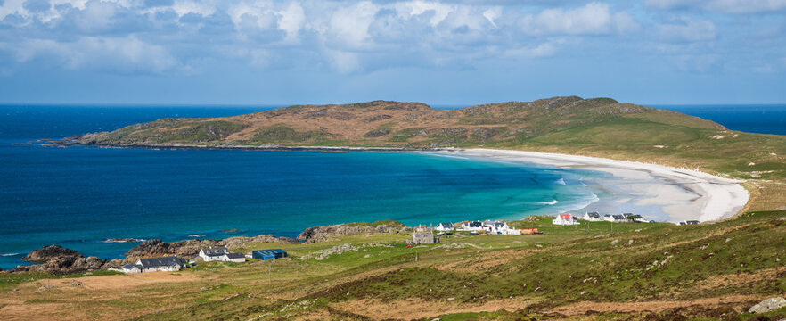 View from Carnan Mor, Ben Hynish, looking towards Balephuil Bay, Isle of Tiree, Inner Hebrides, Scotland