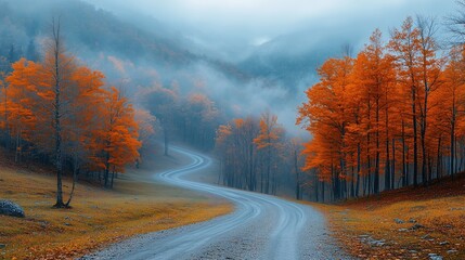Naklejka premium Winding Road Through Misty Autumn Forest