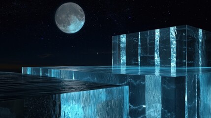 A high-tech shrine overlooking glowing waterfalls, full moon in the sky, stars flowing across digital glass