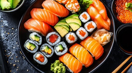 Assorted sushi platter with various nigiri and maki rolls.  Fresh, colorful, and diverse selection of sushi dishes.  Includes salmon, avocado, and other fillings.  Aromatic and flavorful