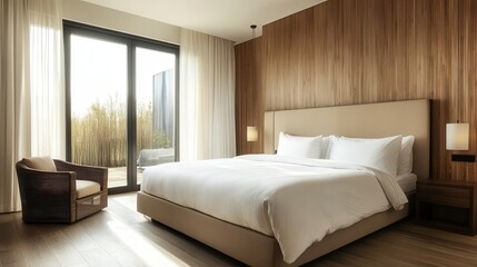 Modern minimalist bedroom with wooden accents and balcony view