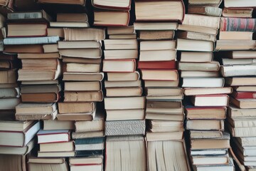 Naklejka premium A close-up view of stacked vintage books at a library shelf showcasing various sizes and colors