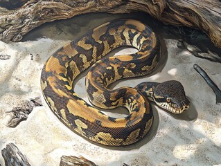Fototapeta premium Spotted Python Resting Calmly on Sand with Surrounding Driftwood Habitat