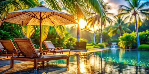 Fototapeta premium Macro Photography: Elegant Umbrella & Chair Poolside Paradise - Resort Coconut Palm Morning Serenity