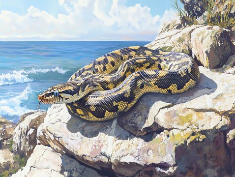 Diamond Python Lounging on Coastal Rocks Overlooking the Ocean