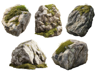 Collection of Photorealistic isometric view of a large rock with moss on it, isolated on a transparency background, 3d style. The stone on blank background
