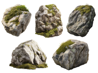 Collection of Photorealistic isometric view of a large rock with moss on it, isolated on a transparency background, 3d style. The stone on blank background