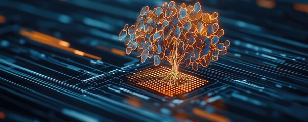 Cyberpunk biotech with futuristic greenery network concept. Innovative tree design on a computer circuit board.