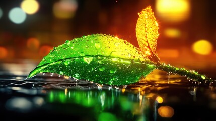 Fresh green leaf with dewdrops rests on wet surface reflecting lights of night