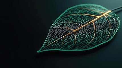 Cyberpunk biotech with futuristic greenery network concept. Intricate leaf design illustrating vibrant green beauty.