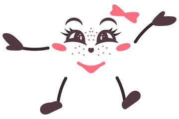 Female face with freckles. Run skipping and laughing. Smiling expression, blush, eyelashes, bow, arms and legs. Color vector illustration. Isolated white background. Cute grimace.