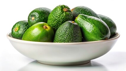 Wide Frame Avocado Photography: White Bowl, Group of Avocados, Clean Background
