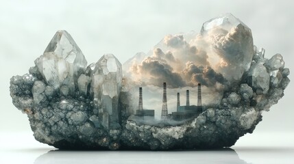 Uranium crystal contour juxtaposed with nuclear cooling towers under a cloudy sky