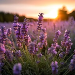 Obraz premium Lavender Flowers at Sunset Field Scene