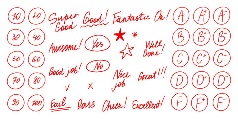 Circle Red Grade Pen Mark Set. Hand School Grade Check Teacher Test Exam Marker Collection. Sketch Line Vector Illustration