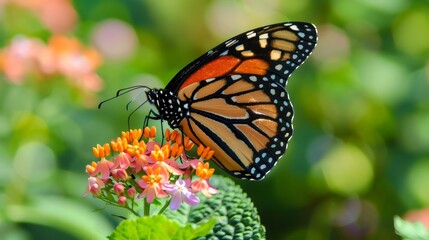 Monarch butterfly perched on flower in vibrant garden setting, highlighting delicate nature, pollination, and wildlife beauty