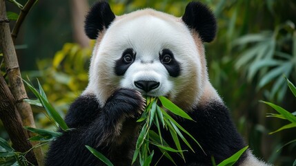 Fototapeta premium A panda bear is eating bamboo in a forest