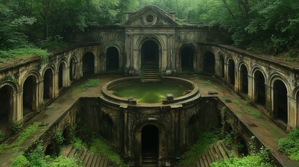 Obraz premium Abandoned Neoclassical Structure with Circular Pool