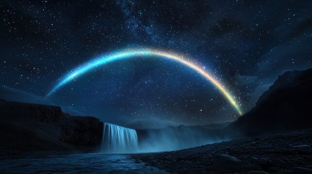 A magical moonbow arching over a glowing waterfall, stars painting the sky with shimmering trails