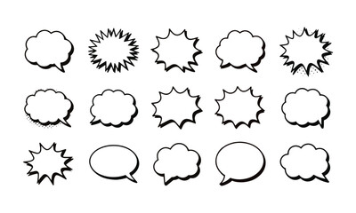 A modern vector illustration of a collection of blank comic speech and thought bubbles, easily editable.