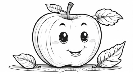 Obraz premium A black-and-white line art of a cute cartoon apple with a happy face and a little leaf on top, thick outlines, no color, white background, for kids coloring book