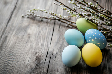 Obraz premium Pastel Easter mockup with colorful painted eggs and blooming willow branches, Generative AI