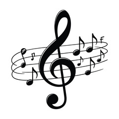 Treble Clef with Notes Sketch Silhouette, Vector, Icon, Logo, White Background.