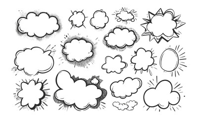 A modern vector illustration of a collection of blank comic speech and thought bubbles, easily editable.