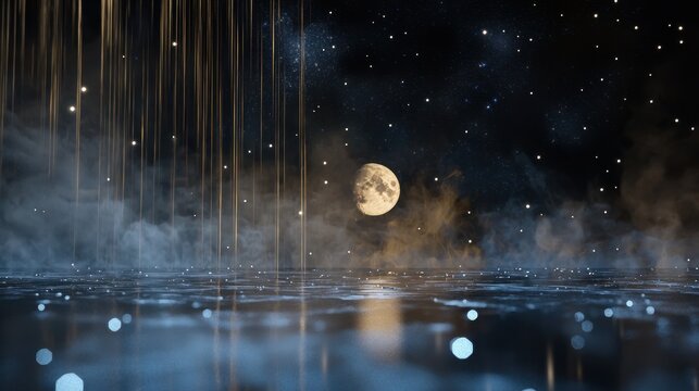 A luminous valley of glowing waterfalls, silver moon hanging low, stars reflected in the waters