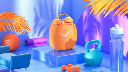 Blue Podium Alarm clock on colorful background with fitness items and palm branches. Minimal abstract colorful background for presentation. 3D rendering illustration.