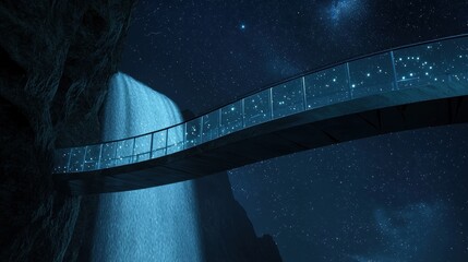 A futuristic glass bridge above a glowing moonlit waterfall, stars spiraling gently in the night sky